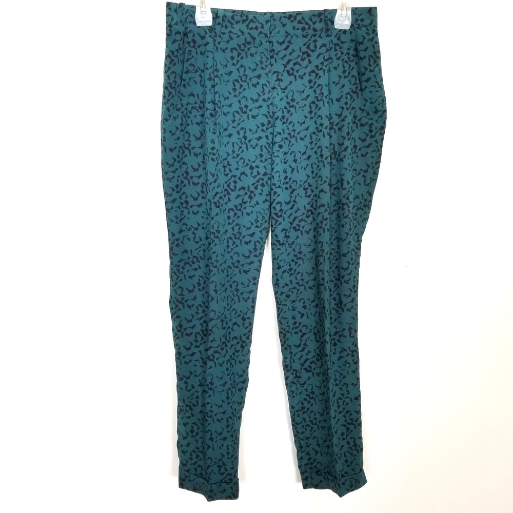 Theory Women Printed 100% Silk Pants Sz 6 Green Black Ankle Dress Summer